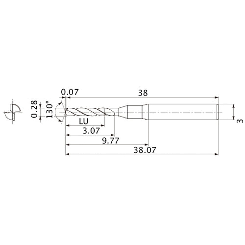 MSE0028SB VP20MF 0.28 mm Dia. × 3 mm Shank × 3.07 mm Flute Length × 38.07 mm OAL, 130°, 2 Flute, External Coolant, Solid Carbide Drill