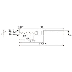 MSE0029SB VP20MF 0.29 mm Dia. × 3 mm Shank × 3.07 mm Flute Length × 38.07 mm OAL, 130°, 2 Flute, External Coolant, Solid Carbide Drill