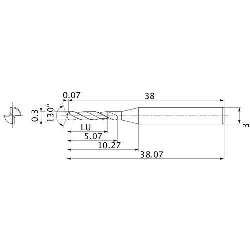 MSE0030SB VP15TF 0.3 mm Dia. × 3 mm Shank × 5.07 mm Flute Length × 38.07 mm OAL, 130°, 2 Flute, External Coolant, Solid Carbide Drill