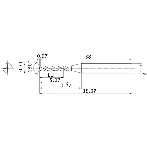 MSE0031SB VP15TF 0.31 mm Dia. × 3 mm Shank × 5.07 mm Flute Length × 38.07 mm OAL, 130°, 2 Flute, External Coolant, Solid Carbide Drill
