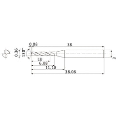 MSE0036SB VP15TF 0.36 mm Dia. × 3 mm Shank × 6.08 mm Flute Length × 38.08 mm OAL, 130°, 2 Flute, External Coolant, Solid Carbide Drill