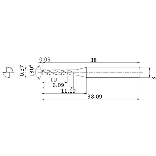 MSE0037SB VP15TF 0.37 mm Dia. × 3 mm Shank × 6.09 mm Flute Length × 38.09 mm OAL, 130°, 2 Flute, External Coolant, Solid Carbide Drill