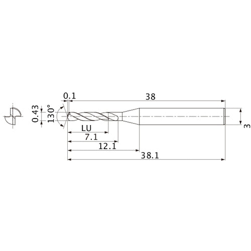 MSE0043SB VP15TF 0.43 mm Dia. × 3 mm Shank × 7.1 mm Flute Length × 38.1 mm OAL, 130°, 2 Flute, External Coolant, Solid Carbide Drill