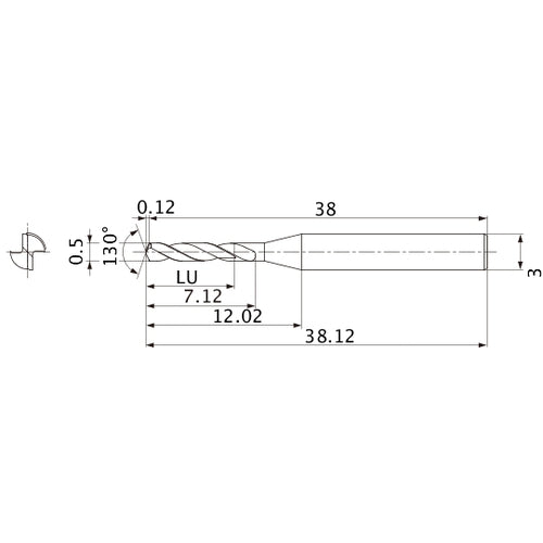 MSE0050SB VP15TF 0.5 mm Dia. × 3 mm Shank × 7.12 mm Flute Length × 38.12 mm OAL, 130°, 2 Flute, External Coolant, Solid Carbide Drill