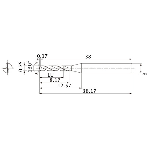 MSE0075SB VP15TF 0.75 mm Dia. × 3 mm Shank × 8.17 mm Flute Length × 38.17 mm OAL, 130°, 2 Flute, External Coolant, Solid Carbide Drill