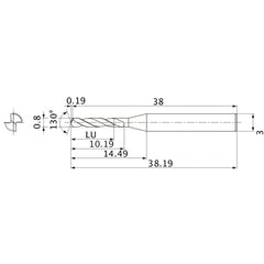 MSE0080SB VP15TF 0.8 mm Dia. × 3 mm Shank × 10.19 mm Flute Length × 38.19 mm OAL, 130°, 2 Flute, External Coolant, Solid Carbide Drill