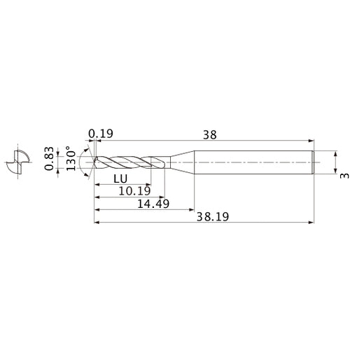 MSE0083SB VP15TF 0.83 mm Dia. × 3 mm Shank × 10.19 mm Flute Length × 38.19 mm OAL, 130°, 2 Flute, External Coolant, Solid Carbide Drill