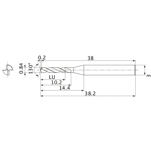 MSE0084SB VP15TF 0.84 mm Dia. × 3 mm Shank × 10.2 mm Flute Length × 38.2 mm OAL, 130°, 2 Flute, External Coolant, Solid Carbide Drill