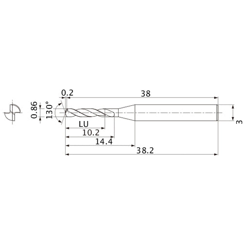 MSE0086SB VP15TF 0.86 mm Dia. × 3 mm Shank × 10.2 mm Flute Length × 38.2 mm OAL, 130°, 2 Flute, External Coolant, Solid Carbide Drill