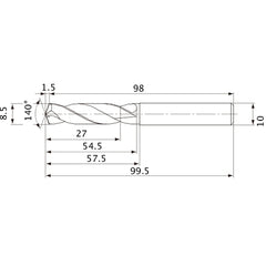 MVE0850X03S100 DP1020 8.5 mm Dia. × 10 mm Shank × 54.5 mm Flute Length × 99.5 mm OAL, 140°, 2 Flute, External Coolant, Solid Carbide Drill