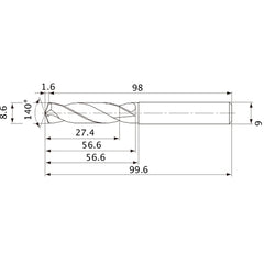 MVE0860X03S090 DP1020 8.6 mm Dia. × 9 mm Shank × 56.6 mm Flute Length × 99.6 mm OAL, 140°, 2 Flute, External Coolant, Solid Carbide Drill