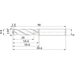 MVE0880X03S090 DP1020 8.8 mm Dia. × 9 mm Shank × 56.6 mm Flute Length × 99.6 mm OAL, 140°, 2 Flute, External Coolant, Solid Carbide Drill