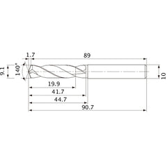 MVE0910X02S100 DP1020 9.1 mm Dia. × 10 mm Shank × 41.7 mm Flute Length × 90.7 mm OAL, 140°, 2 Flute, External Coolant, Solid Carbide Drill