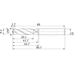 MVE0920X02S100 DP1020 9.2 mm Dia. × 10 mm Shank × 41.7 mm Flute Length × 90.7 mm OAL, 140°, 2 Flute, External Coolant, Solid Carbide Drill