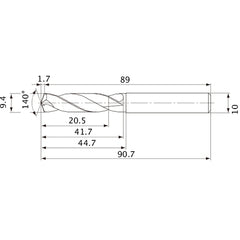 MVE0940X02S100 DP1020 9.4 mm Dia. × 10 mm Shank × 41.7 mm Flute Length × 90.7 mm OAL, 140°, 2 Flute, External Coolant, Solid Carbide Drill