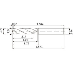 MVE0953X02S100 DP1020 3/8″ Dia. × 0.394″ Shank × 1.76″ Flute Length × 3.571″ OAL, 140°, 2 Flute, External Coolant, Solid Carbide Drill