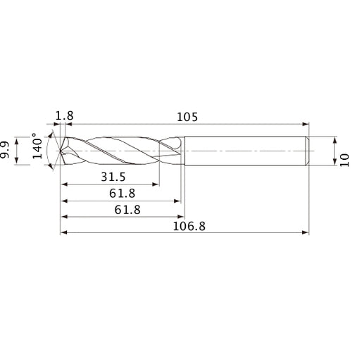 MVE0990X03S100 DP1020 9.9 mm Dia. × 10 mm Shank × 61.8 mm Flute Length × 106.8 mm OAL, 140°, 2 Flute, External Coolant, Solid Carbide Drill