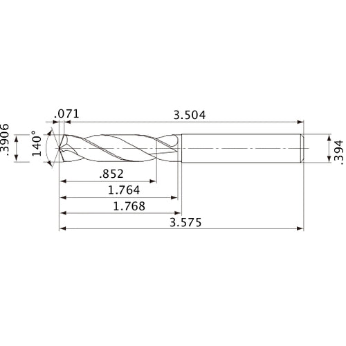 MVE0992X02S100 DP1020 0.3906″ Dia. × 0.394″ Shank × 1.764″ Flute Length × 3.575″ OAL, 140°, 2 Flute, External Coolant, Solid Carbide Drill