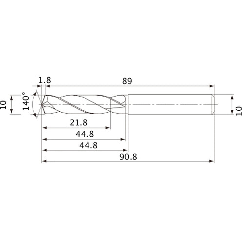 MVE1000X02S100 DP1020 10 mm Dia. × 10 mm Shank × 44.8 mm Flute Length × 90.8 mm OAL, 140°, 2 Flute, External Coolant, Solid Carbide Drill