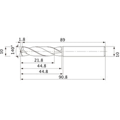 MVE1000X02S100 DP1020 10 mm Dia. × 10 mm Shank × 44.8 mm Flute Length × 90.8 mm OAL, 140°, 2 Flute, External Coolant, Solid Carbide Drill