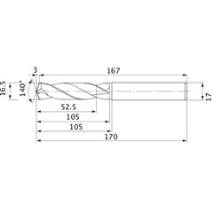 MVE1650X03S170 DP1020 16.5 mm Dia. × 17 mm Shank × 105 mm Flute Length × 170 mm OAL, 140°, 2 Flute, External Coolant, Solid Carbide Drill