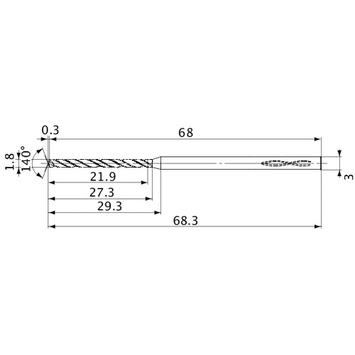 MVS0180X12S030 DP1020 1.8 mm Dia. × 3 mm Shank × 27.3 mm Flute Length × 68.3 mm OAL, 140°, 2 Flute, Coolant Thru, Solid Carbide Drill