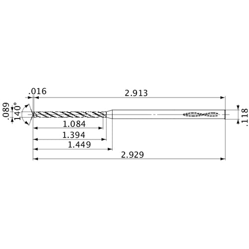 MVS0226X12S030 DP1020 0.089″ Dia. × 0.118″ Shank × 1.394″ Flute Length × 2.929″ OAL, 140°, 2 Flute, Coolant Thru, Solid Carbide Drill