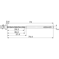 MVS0240X12S030 DP1020 2.4 mm Dia. × 3 mm Shank × 36.4 mm Flute Length × 74.4 mm OAL, 140°, 2 Flute, Coolant Thru, Solid Carbide Drill