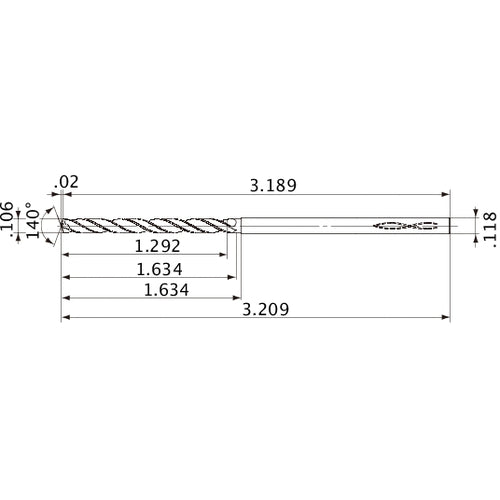 MVS0269X12S030 DP1020 0.106″ Dia. × 0.118″ Shank × 1.634″ Flute Length × 3.209″ OAL, 140°, 2 Flute, Coolant Thru, Solid Carbide Drill