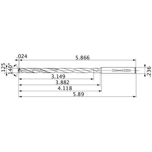MVS0318X25S060 DP1020 1/8″ Dia. × 0.236″ Shank × 3.882″ Flute Length × 5.89″ OAL, 140°, 2 Flute, Coolant Thru, Solid Carbide Drill