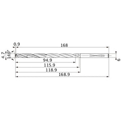 MVS0470X20S060 DP1020 4.7 mm Dia. × 6 mm Shank × 115.9 mm Flute Length × 168.9 mm OAL, 140°, 2 Flute, Coolant Thru, Solid Carbide Drill