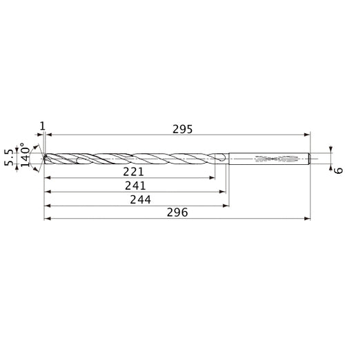 MVS0550X40S060 DP1020 5.5 mm Dia. × 6 mm Shank × 241 mm Flute Length × 296 mm OAL, 140°, 2 Flute, Coolant Thru, Solid Carbide Drill