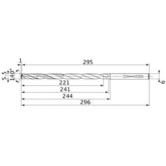 MVS0550X40S060 DP1020 5.5 mm Dia. × 6 mm Shank × 241 mm Flute Length × 296 mm OAL, 140°, 2 Flute, Coolant Thru, Solid Carbide Drill