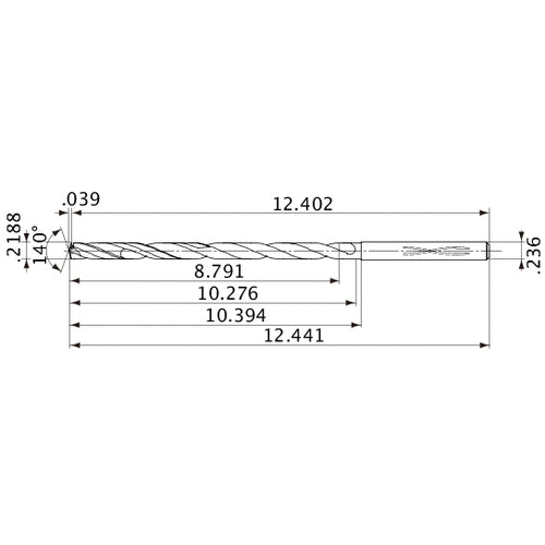 MVS0556X40S060 DP1020 0.2188″ Dia. × 0.236″ Shank × 10.276″ Flute Length × 12.441″ OAL, 140°, 2 Flute, Coolant Thru, Solid Carbide Drill