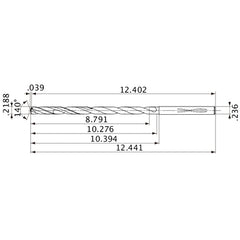 MVS0556X40S060 DP1020 0.2188″ Dia. × 0.236″ Shank × 10.276″ Flute Length × 12.441″ OAL, 140°, 2 Flute, Coolant Thru, Solid Carbide Drill