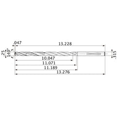 MVS0635X40S080 DP1020 1/4″ Dia. × 0.315″ Shank × 11.071″ Flute Length × 13.276″ OAL, 140°, 2 Flute, Coolant Thru, Solid Carbide Drill