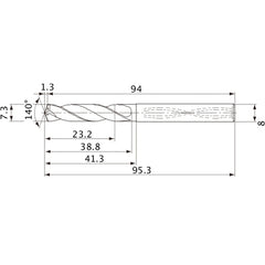 MVS0730X03S080 DP1020 7.3 mm Dia. × 8 mm Shank × 38.8 mm Flute Length × 95.3 mm OAL, 140°, 2 Flute, Coolant Thru, Solid Carbide Drill