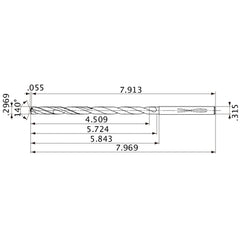 MVS0754X15S080 DP1020 0.2969″ Dia. × 0.315″ Shank × 5.724″ Flute Length × 7.969″ OAL, 140°, 2 Flute, Coolant Thru, Solid Carbide Drill