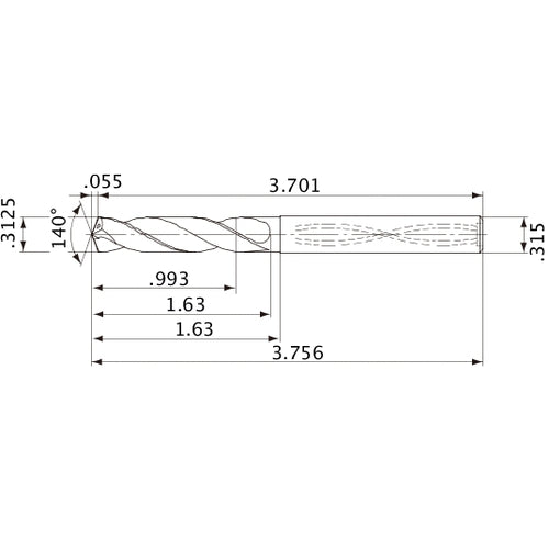 MVS0794X03S080 DP1020 5/16″ Dia. × 0.315″ Shank × 1.63″ Flute Length × 3.756″ OAL, 140°, 2 Flute, Coolant Thru, Solid Carbide Drill
