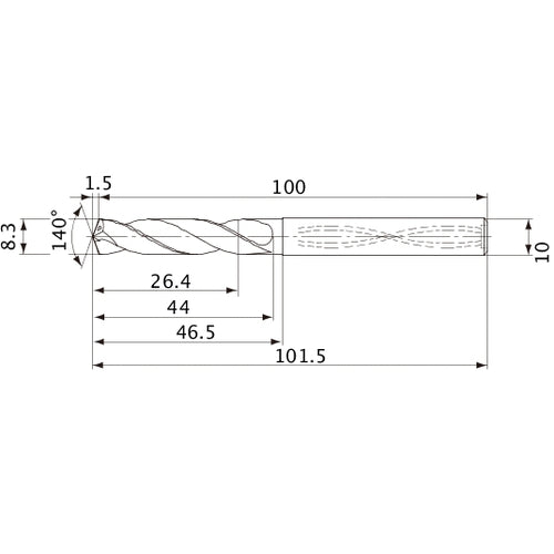 MVS0830X03S100 DP1020 8.3 mm Dia. × 10 mm Shank × 44 mm Flute Length × 101.5 mm OAL, 140°, 2 Flute, Coolant Thru, Solid Carbide Drill