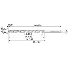 MVS0833X40S100 DP1020 0.3281″ Dia. × 0.394″ Shank × 14.429″ Flute Length × 16.713″ OAL, 140°, 2 Flute, Coolant Thru, Solid Carbide Drill