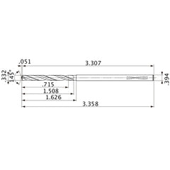 MVS0843X02S100PL DP1020 0.332″ Dia. × 0.394″ Shank × 1.508″ Flute Length × 3.358″ OAL, 145°, 2 Flute, Coolant Thru, Solid Carbide Drill