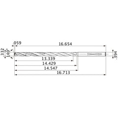 MVS0843X40S100 DP1020 0.332″ Dia. × 0.394″ Shank × 14.429″ Flute Length × 16.713″ OAL, 140°, 2 Flute, Coolant Thru, Solid Carbide Drill