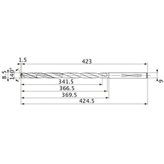 MVS0850X40S090 DP1020 8.5 mm Dia. × 9 mm Shank × 366.5 mm Flute Length × 424.5 mm OAL, 140°, 2 Flute, Coolant Thru, Solid Carbide Drill