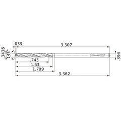 MVS0873X02S100PL DP1020 0.3438″ Dia. × 0.394″ Shank × 1.63″ Flute Length × 3.362″ OAL, 145°, 2 Flute, Coolant Thru, Solid Carbide Drill