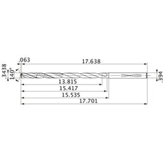 MVS0873X40S100 DP1020 0.3438″ Dia. × 0.394″ Shank × 15.417″ Flute Length × 17.701″ OAL, 140°, 2 Flute, Coolant Thru, Solid Carbide Drill