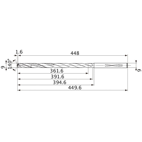 MVS0900X40S090 DP1020 9 mm Dia. × 9 mm Shank × 391.6 mm Flute Length × 449.6 mm OAL, 140°, 2 Flute, Coolant Thru, Solid Carbide Drill