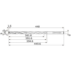 MVS0900X40S090 DP1020 9 mm Dia. × 9 mm Shank × 391.6 mm Flute Length × 449.6 mm OAL, 140°, 2 Flute, Coolant Thru, Solid Carbide Drill