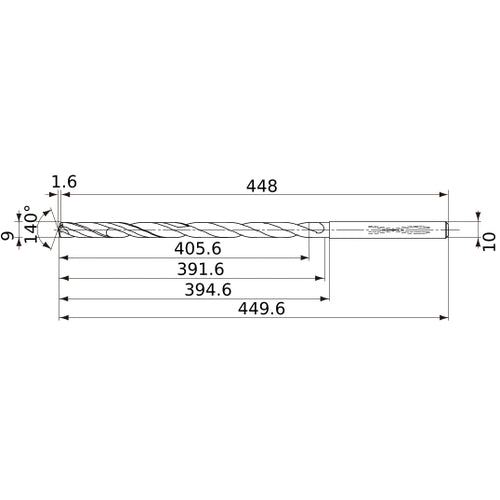 MVS0900X40S100 DP1020 9 mm Dia. × 10 mm Shank × 391.6 mm Flute Length × 449.6 mm OAL, 140°, 2 Flute, Coolant Thru, Solid Carbide Drill