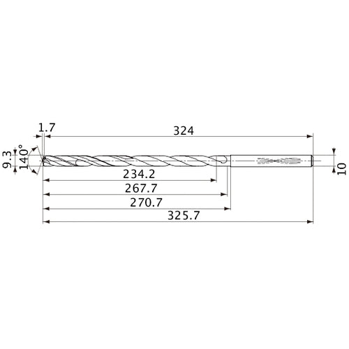 MVS0930X25S100 DP1020 9.3 mm Dia. × 10 mm Shank × 267.7 mm Flute Length × 325.7 mm OAL, 140°, 2 Flute, Coolant Thru, Solid Carbide Drill